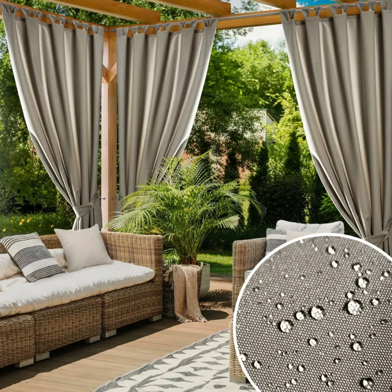 Zasłona beżowa z wodoodpornej tkaniny idealna do ogrodu i na taras 155x220 cm szelki/rzep - GARDEN