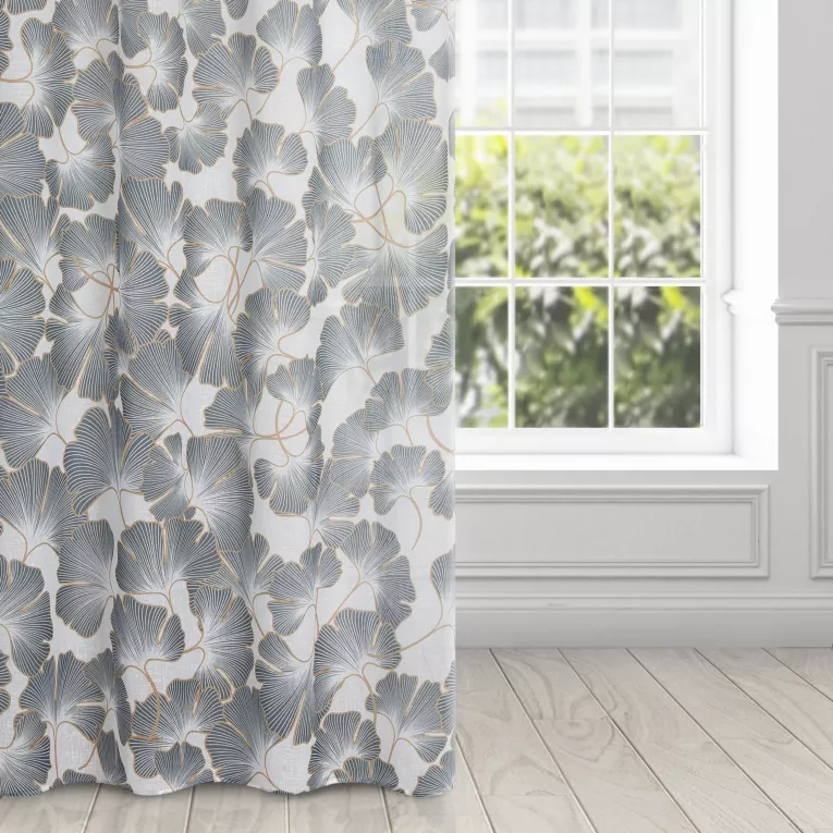 Zasłona NINA  z etaminy w stylu eko z nadrukiem liści miłorzębu, półprzezroczysta
