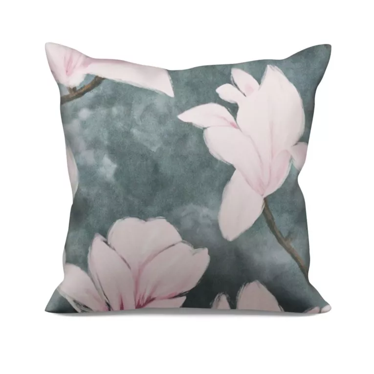 Poszewka szyta srebrno różowa z miękkiej, welwetowej tkaniny, z nadrukowanym dużym wzorem kwiatowym