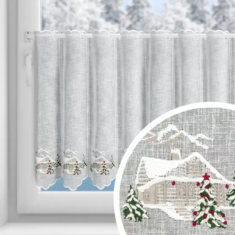Tkanina firanowa zazdrostka z etaminy zdobiona świątecznym haftem