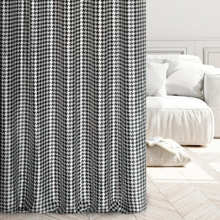 Tkanina zasłonowa, grubszy welwet z eleganckim geometrycznym nadrukiem z kolekcji Eva Minge