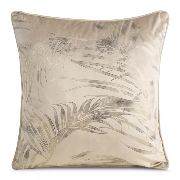 Poszewka DEBRA z miękkiego welwetu z metalicznym nadrukiem liści palmy o ozdobną wypustą na brzegach