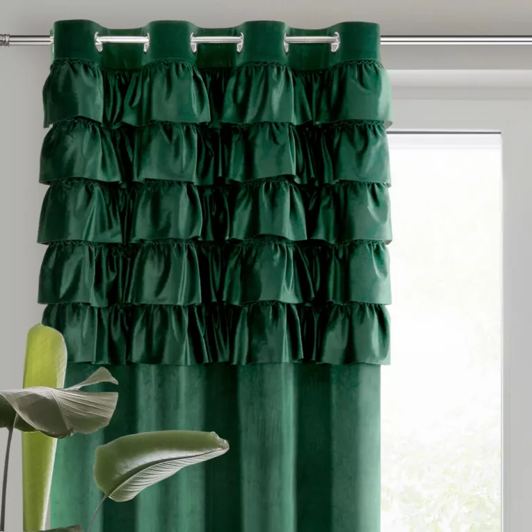 Zasłona welwetowa ciemnozielona zdobiona falbanami 140x250 cm przelotka - AURA