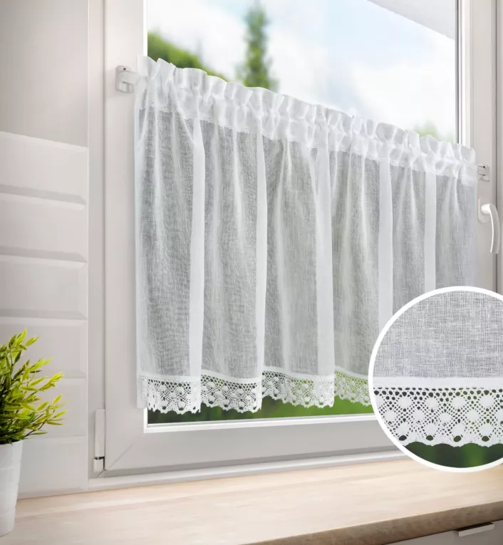 Zazdrostka biała z etaminy zdobione szeroką koronką, styl rustykalny 150x60 cm tunel LISA