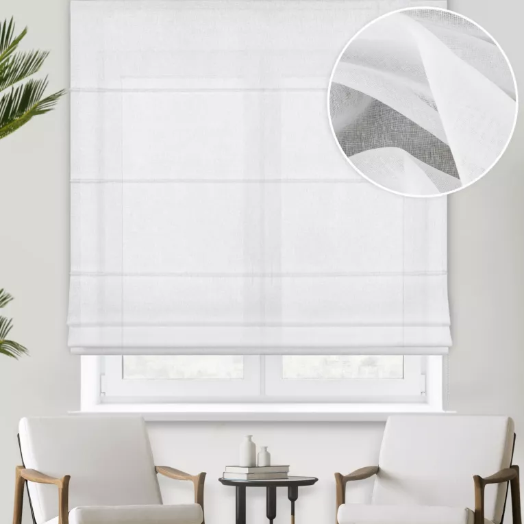 Roleta rzymska biała z matowej cienkiej etaminy, wykończona obciążnikiem