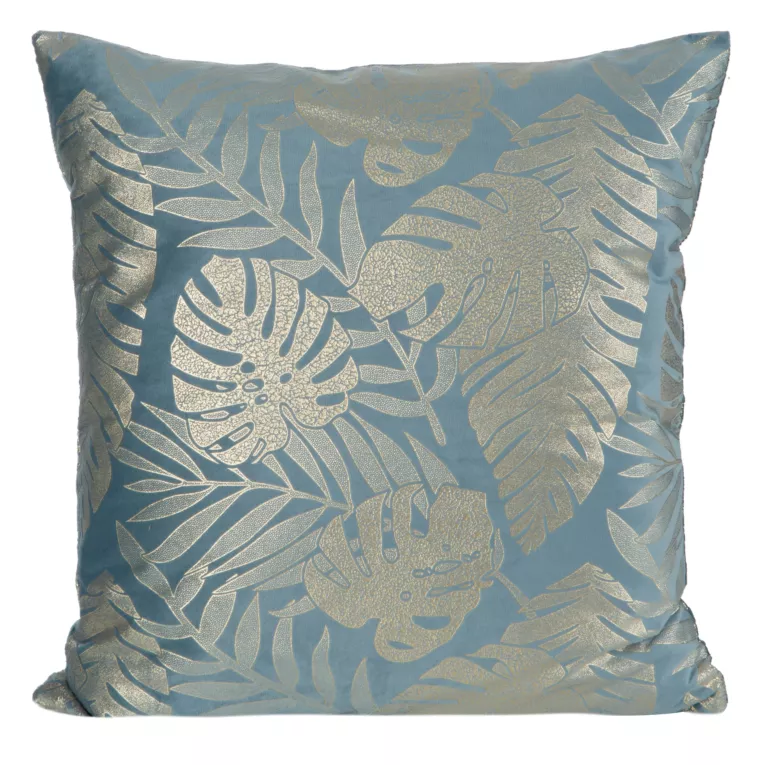 Poszewka na poduszkę 45x45 cm welwetowa niebieska zdobiona błyszczącym nadrukiem egzotycznych liści VELVET 72 Eurofirany Premium