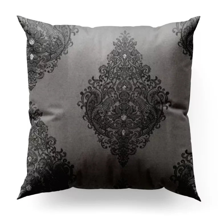 Poszewka szyta popielata z tkaniny w klasyczny wzór ornamentowy z drobnym błyszczącym akcentem