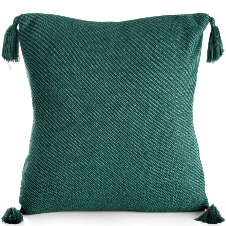Poszewka na poduszkę 45x45 cm gładka ciemnozielona z ozdobnymi chwostami na rogach POLY