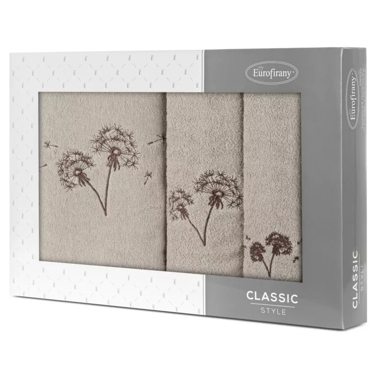 Zestaw ręczników bawełnianych na prezent 3 szt kolor beżowy, brązowy z haftem kwiatów 400 g/m2 MOLI