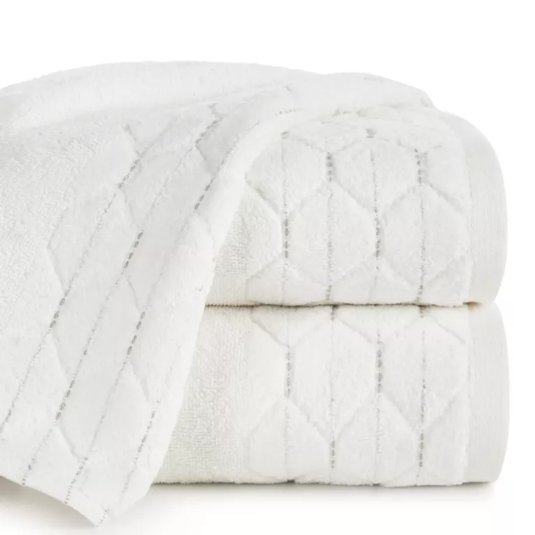 Ręcznik kąpielowy 70x140 cm bawełniany kolor kremowy z welwetową geometryczną bordiurą 500 g/m2 LUMIA