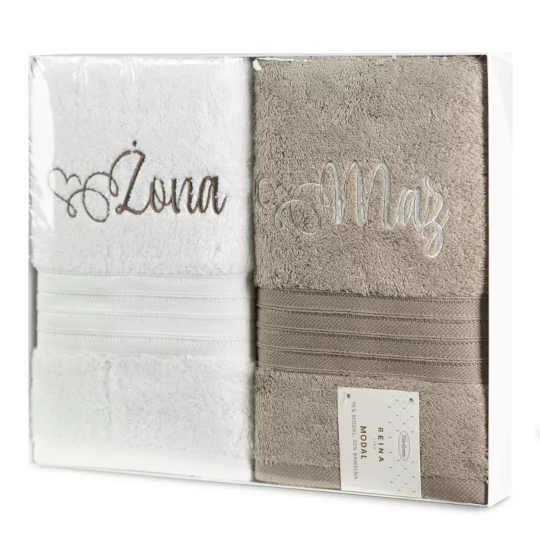 Zestaw ręczników bawełnianych na prezent 2 szt 50x90 cn kolor biały, beżowy z haftem ŻONA MĄŻ