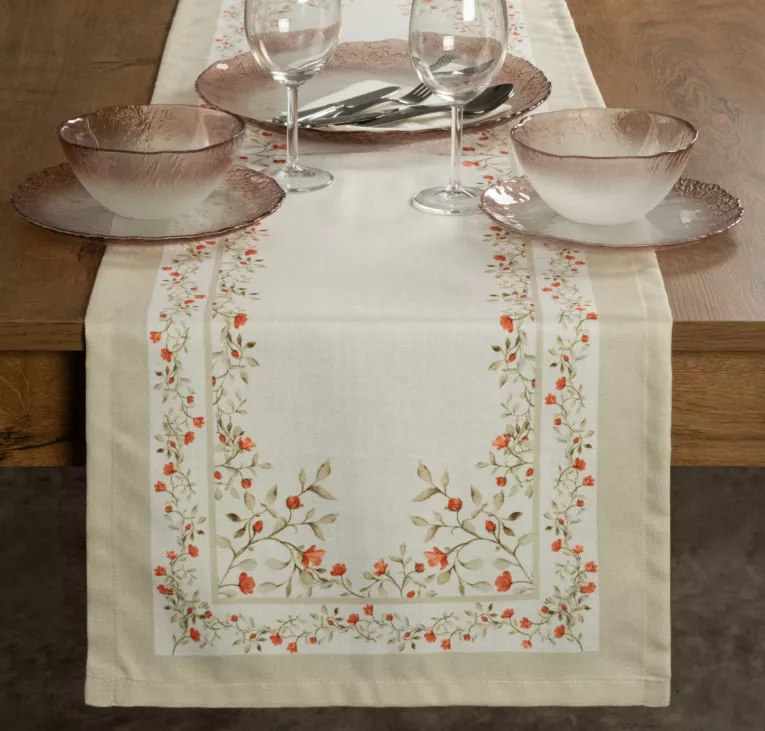 Bieżnik na stół 40x140 cm kremowo, ciemnopomarańczowy zdobiony letnim nadrukiem SUMMER 17