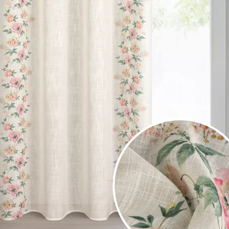 Zasłona naturalno, różowa z dodatkiem lnu zdobiona wiosennymi kwiatami 140x250 cm przelotka - VANESA