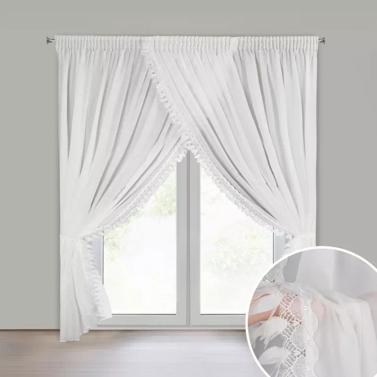 Firana biała z tkaniny szyfonowej zdobiona aplikacją 400x250 cm w zestawie troczki taśma - LORETA1