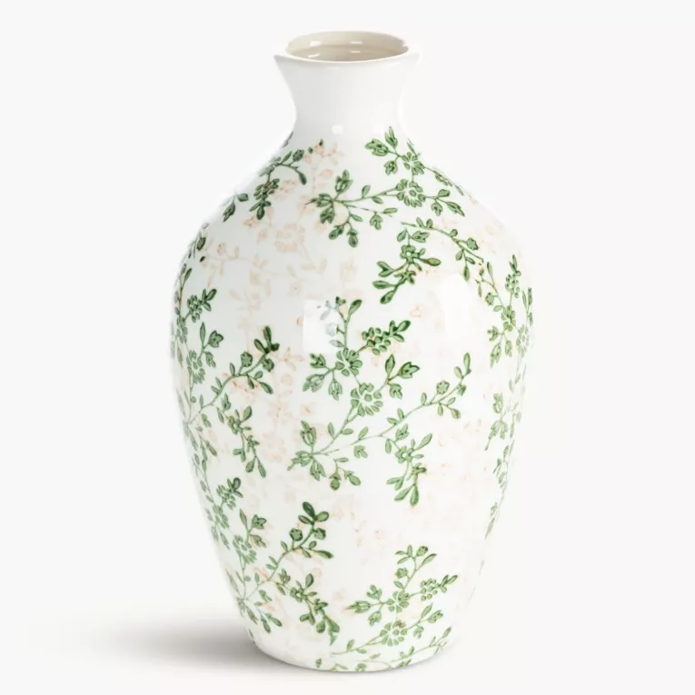 Wazon kremowo, zielony dekoracyjny z motywem roślinnym 18x18x28 cm - kolekcja FOREST SUMMER