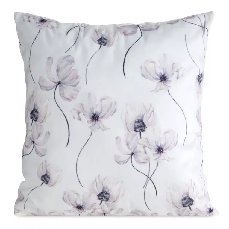 Poszewka na poduszkę 45x45 cm welwetowa biało, beżowa zdobiona nadrukiem letnich kwiatów MINK