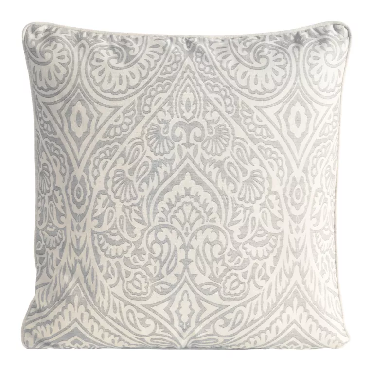 Poszewka na poduszkę 50x50 cm bawełniana z dodatkiem lnu beżowo, stalowa zdobiona wzorem ornamentu  LEN