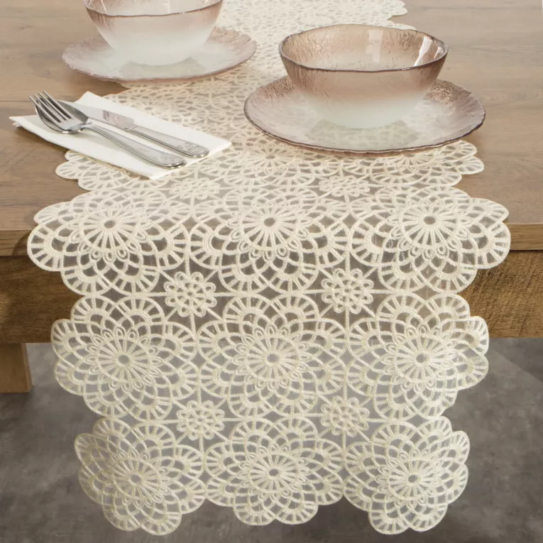 Bieżnik na stół  35x140 cm beżowy zdobiony haftem - IRINA