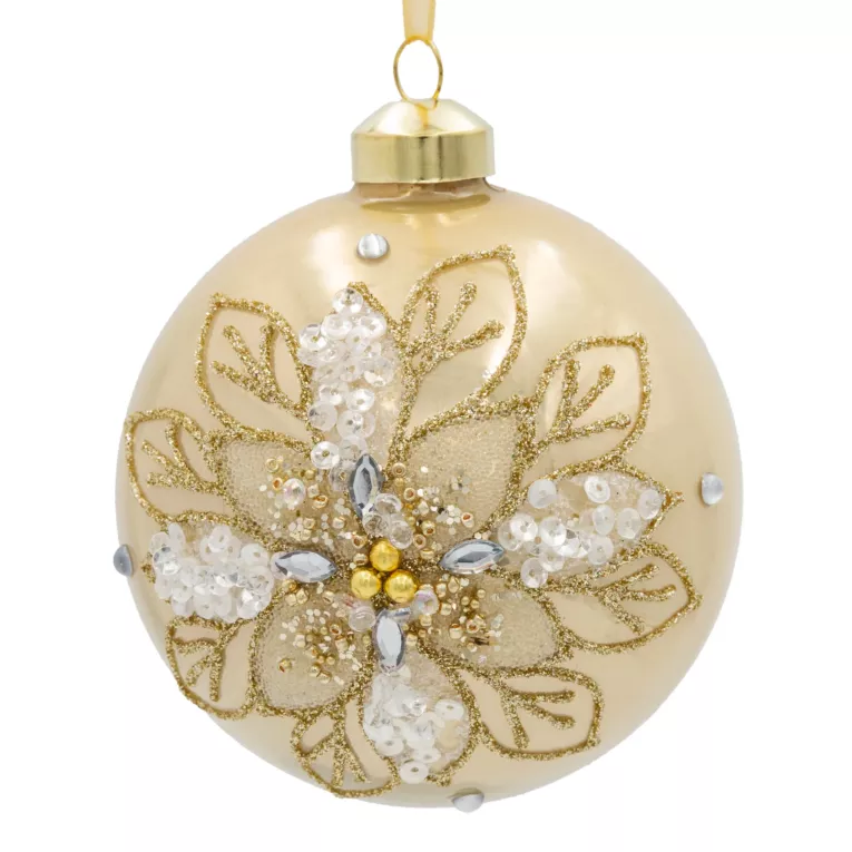 Szklana bombka choinkowa ręcznie zdobiona motywem złotego kwiatu