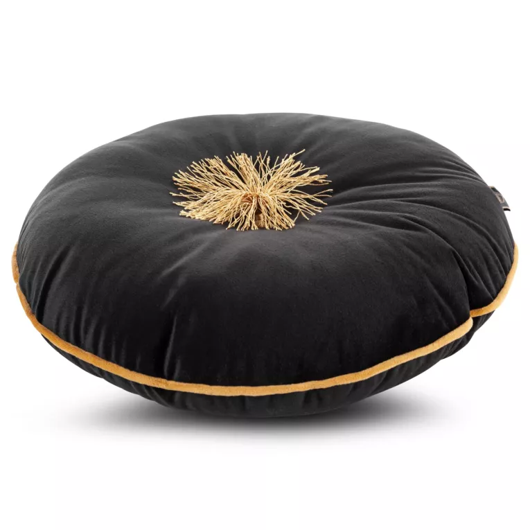 Poduszka welwetowa okrągła 40 x 40 cm czarna ze złotym chwostem i lamówką VELVET 67