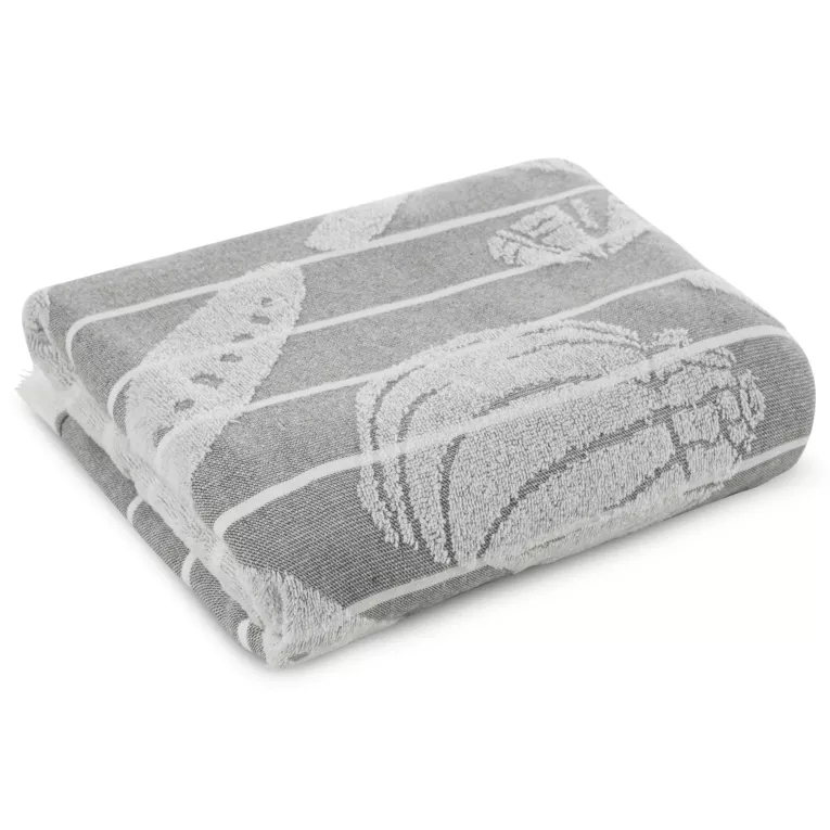 Ręcznik kąpielowy 90x170 cm bawełniany kolor srebrny,biały zdobiony nadrukiem muszelek i frędzli 350g/ m2 CAPRI