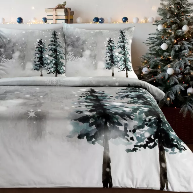 Pościel świąteczna 220x200 cm z satyny bawełnianej, kolor jasnoszary, biały zdobiona nadrukiem zimowego krajobrazu FOREST
