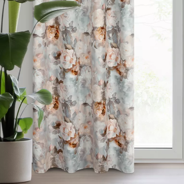 Zasłona beżowo, ruda zdobiona nadrukiem kwiatów 140x250 cm przelotka NESSI