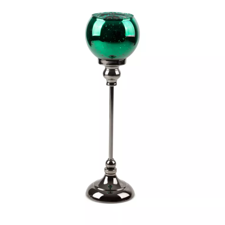 Świecznik bankietowy szklany FIBI  na wysmukłej metalowej  nóżce ze szklanym kloszem