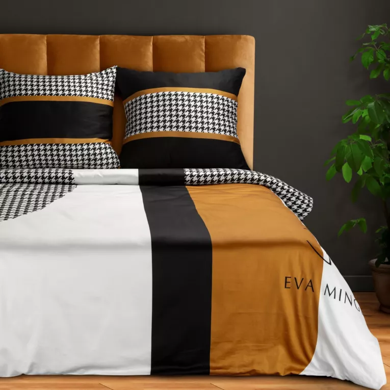 EVA MINGE Komplet pościeli MINGE 1 z najwyższej jakości makosatyny bawełnianej z designerskim nadrukiem łączący elegancką pepitę z wzorem geometrycznym