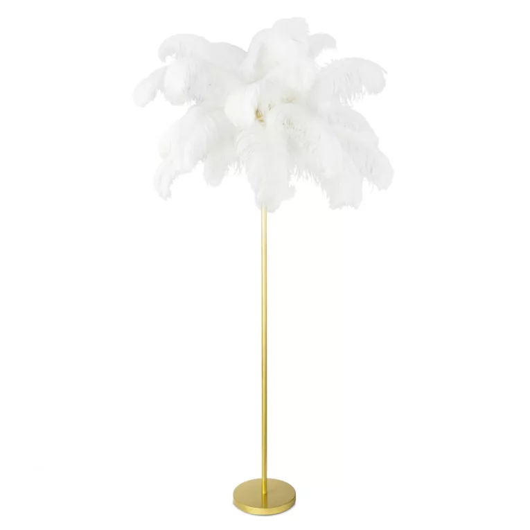 Lampa stojąca do salonu biało, złota FERI na metalowej podstawie z efektownym abażurem z naturalnych strusich piór