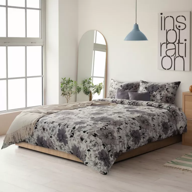 Pościel 220x200 cm bawełniana kolor biały, stalowy w romantycznym stylu z kwiatowym wzorem SPRING 9