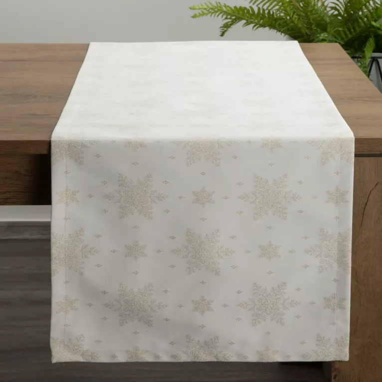 Bieżnik na stół naturalny 40x180 cm z żakardowej tkaniny FLASH świąteczny z motywem śnieżynek przetykany złotą nicią