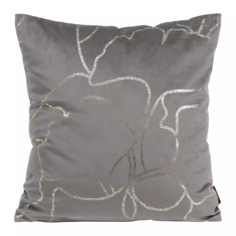 Poszewka na poduszkę 45x45 cm welwetowa szara z błyszczącym nadrukiem liści miłorzębu BLINK 35