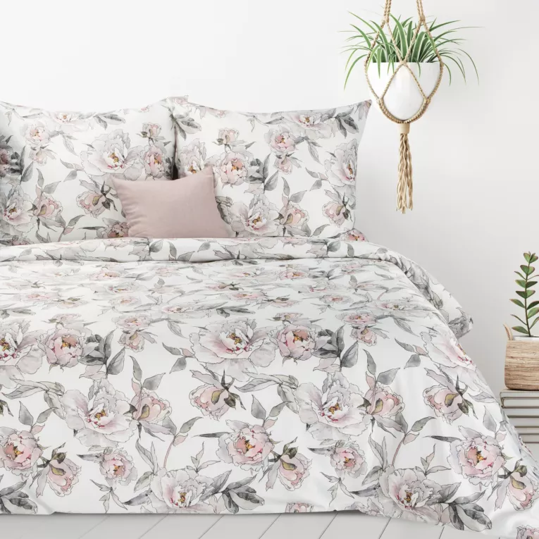 Pościel 140x200 cm z mieszanki włókien kolor biały, pudrowy w kwiaty LEA4 Design 91