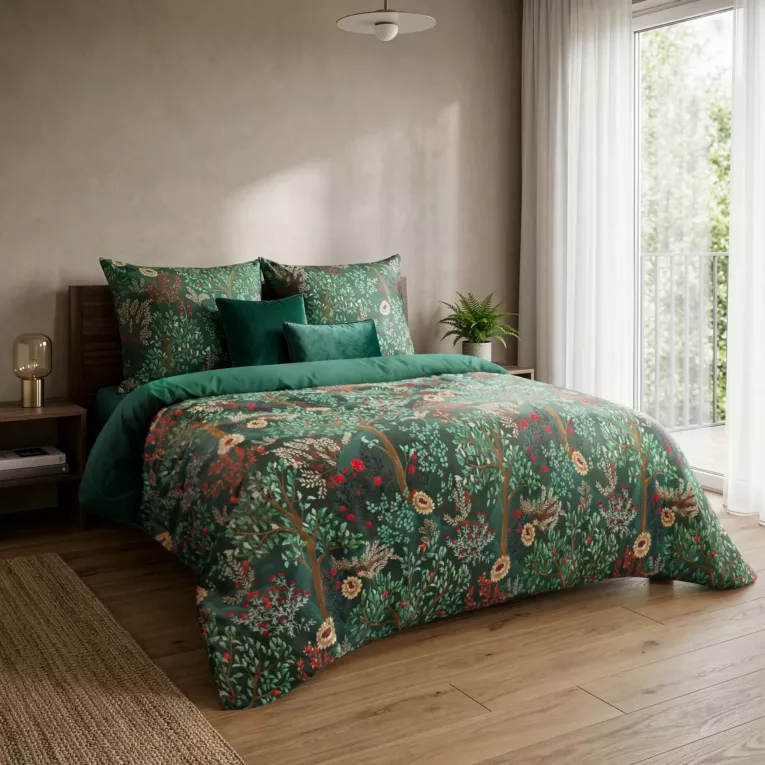 Pościel 160x200 komplet 3 szt z makosatyny bawełnianej kolor ciemnozielony, czerwony w wzór roślinny REINA 1 - KOLEKCJA FOREST SUMMER