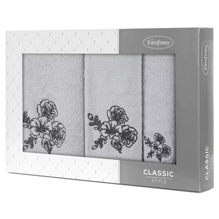 Zestaw ręczników bawełnianych na prezent 3 szt kolor srebrny, stalowy z haftem kwiatów 400 g/m2 MELANI