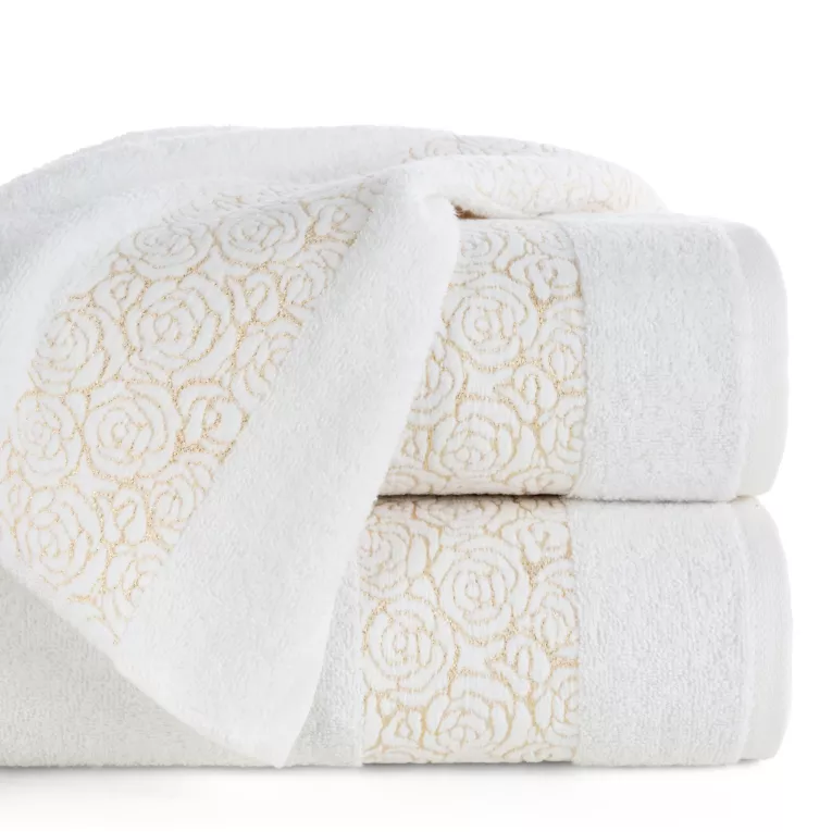 Ręcznik kąpielowy 50x90 cm bawełniany kolor kremowy zdobiony wytłaczanym motywem róż z dodatkiem błyszczącej nici IRIS