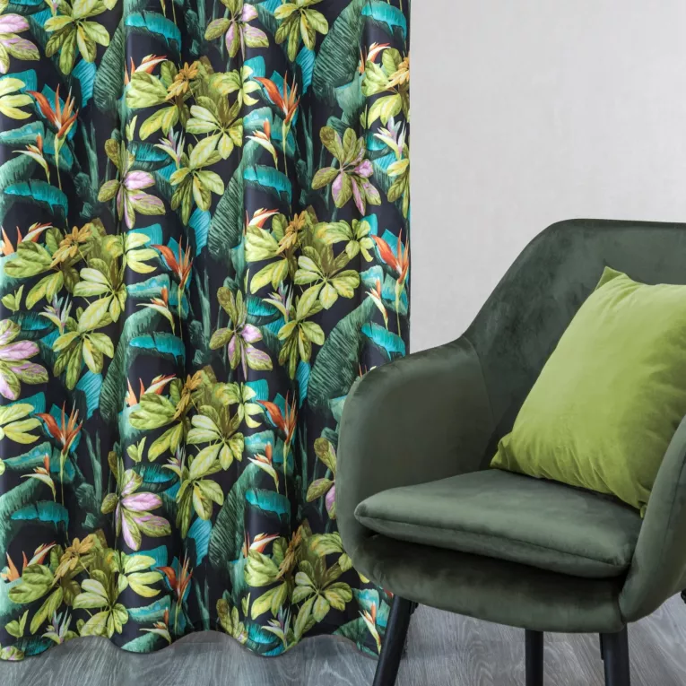 Zasłona welwetowa, czarno zielona z motywem liści 140x250 przelotka - LIVY - Design 91