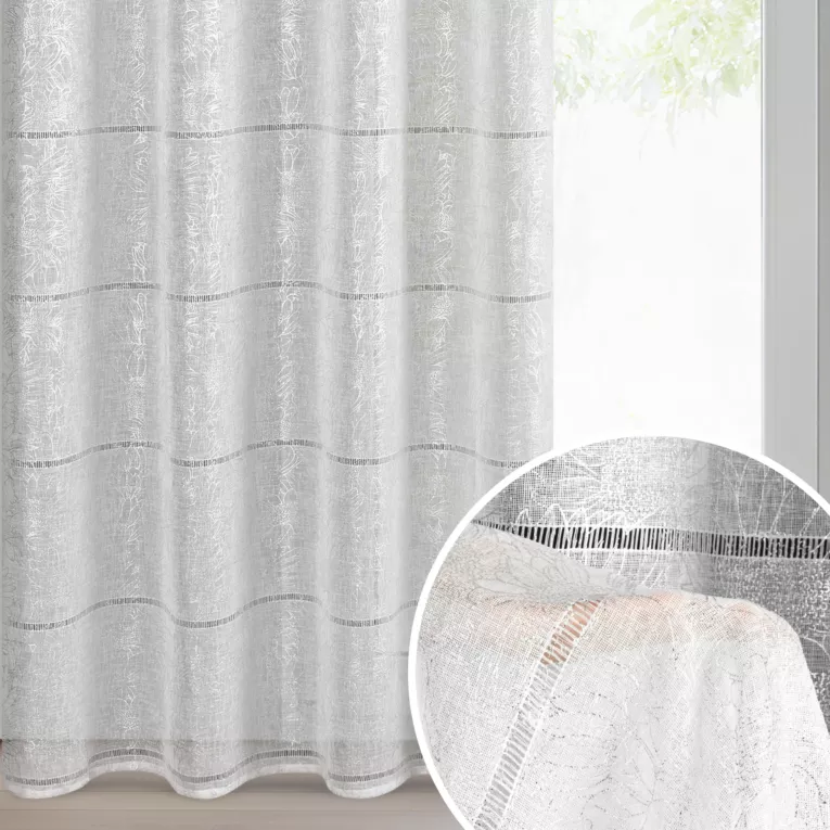 Firana biało, srebrna zdobiona ażurowymi paskami i roślinnym nadrukiem 140x250 cm przelotka - KATY