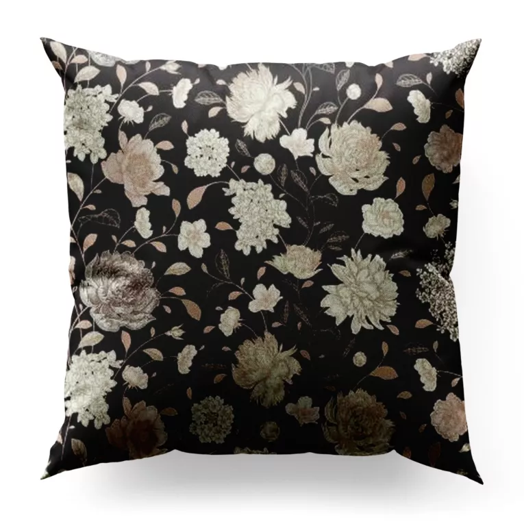 Poszewka szyta czarno beżowa z miękkiej, welwetowej tkaniny, z nadrukowanym dużym wzorem kwiatowym