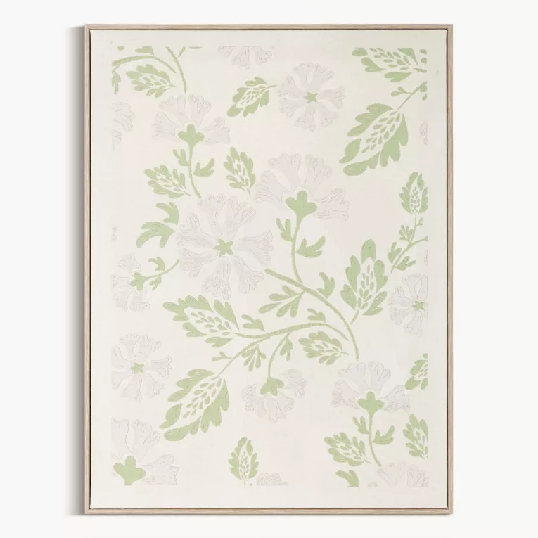 Obraz kremowo, zielony nadruk na płótnie zdobiony drobnymi kwiatami  45x60 cm