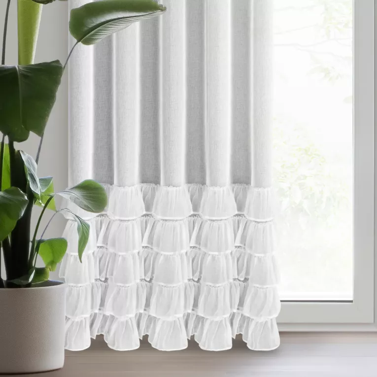 Firana biała z etaminy zdobiona w dolnej części falbanami 140x250 cm taśma DANI