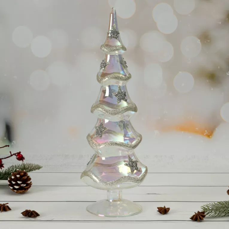 Figurka szklana CHOINKA zdobiona błyszczącymi gwiazdkami