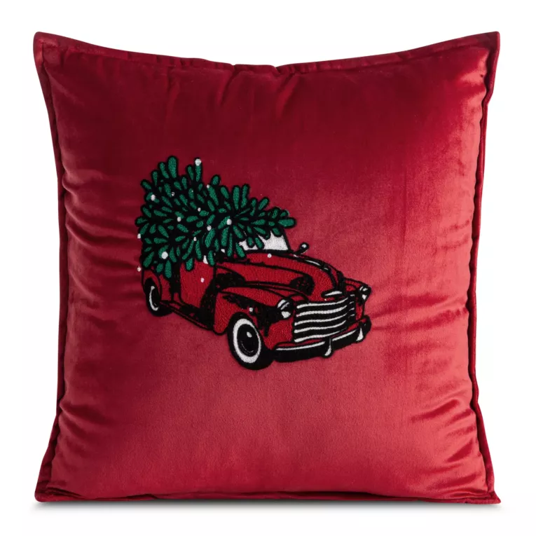 Poszewka na poduszkę 45x45 cm welwetowa kolor czerwony z haftem z samochodem z choinką