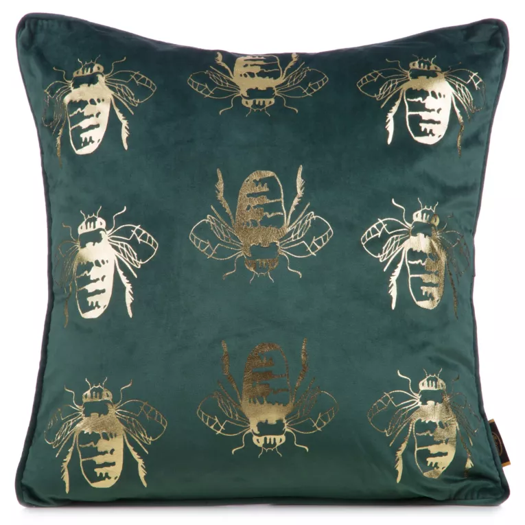 Poszewka na poduszkę 45x45 cm welwetowa kolor ciemnozielony, złocisty z motywem pszczół BILNK