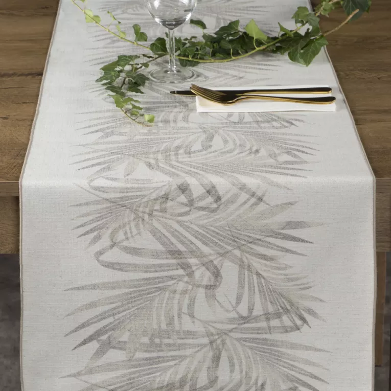 Bieżnik na stół beżowo, kremowy 40x140 cm INES z nadrukowanym motywem liści palmowych