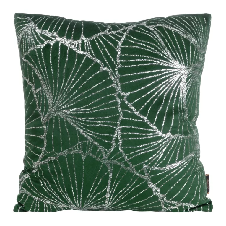 Poszewka na poduszkę 45x45 cm welwetowa ciemnozielona z nadrukiem srebrnych liści miłorzębu BLINK 39