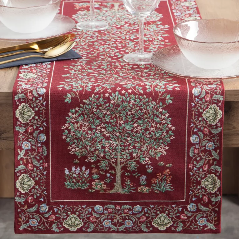 Bieżnik na stół czerwono, zielony 40x100 cm gobelinowy zdobiony żakardowym wzorem drzewka - kolekcja AMAROSA