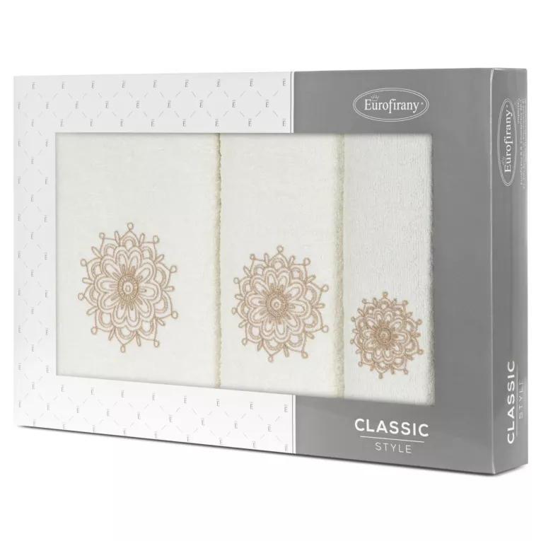 Zestaw ręczników bawełnianych na prezent 3 szt kolor kremowy z haftowanym motywem rozety 380g/m2 ROSETTE