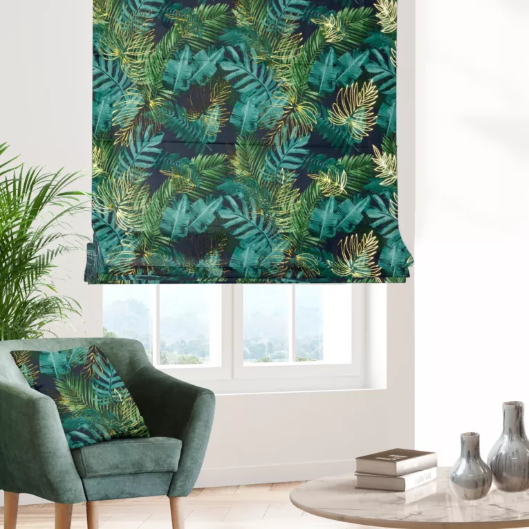 Roleta rzymska czarno zielona miękka, welwetowa, z błyszczącym nadrukowanym motywem botanicznym